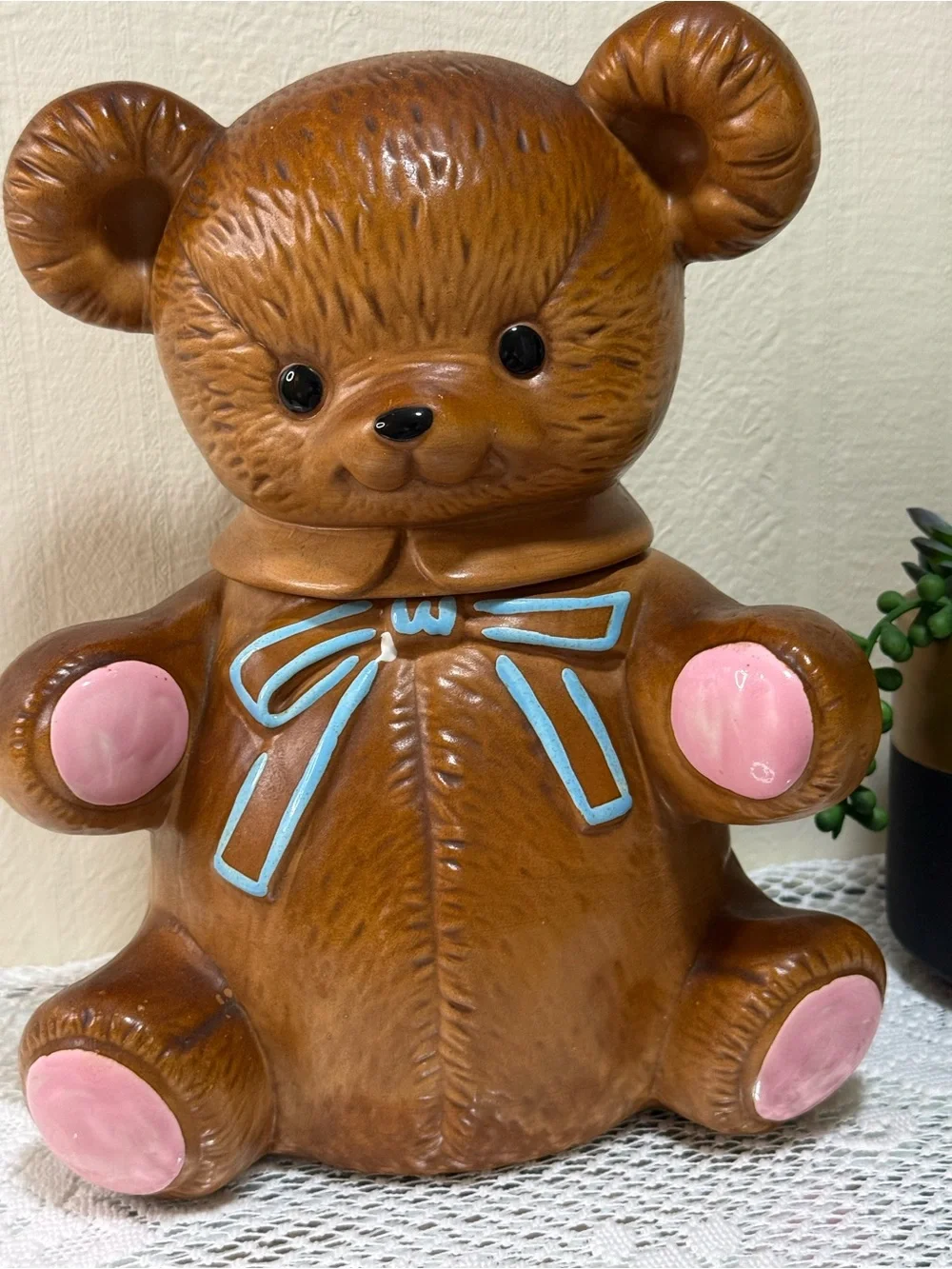 Twin Winton Ceramic Brown Teddy Bear w/Bow Cookie Jar 12